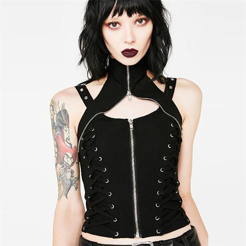 Women’s gothic sleeveless top with front zipper and lace-up design, perfect for a rock-inspired outfit.