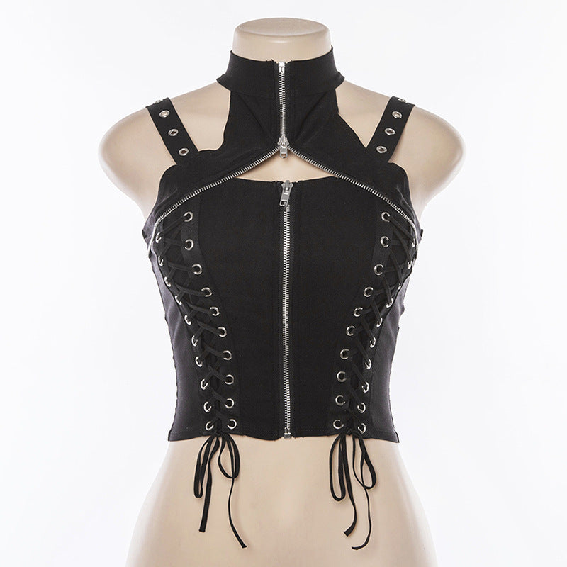 Women's Gothic sleeveless top with front zipper and lace-up details for a unique rock-inspired style.