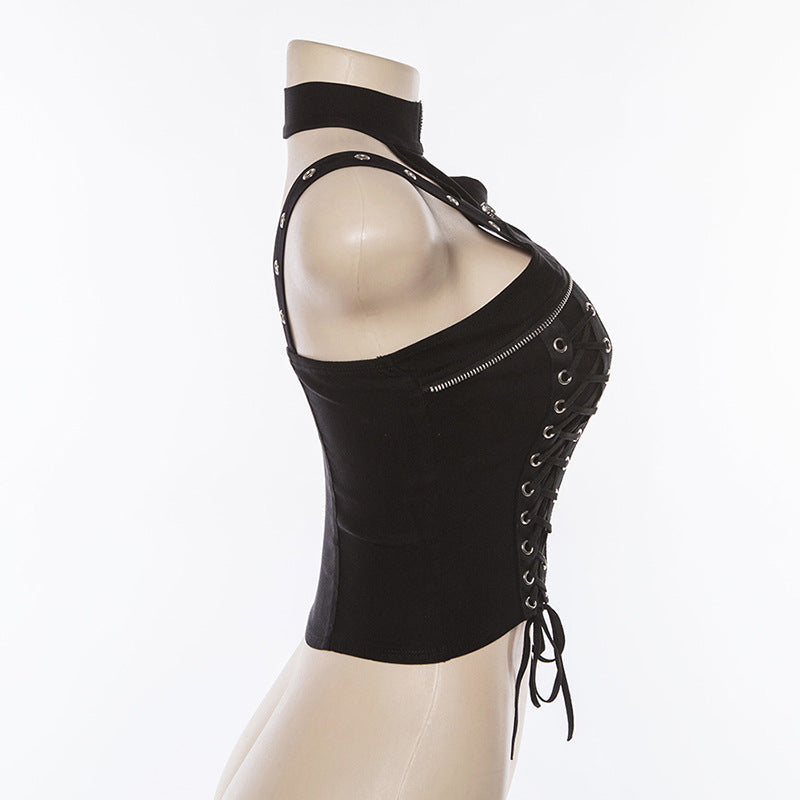 Women's Gothic top with lace-up front and zipper, perfect for rock and goth outfits.