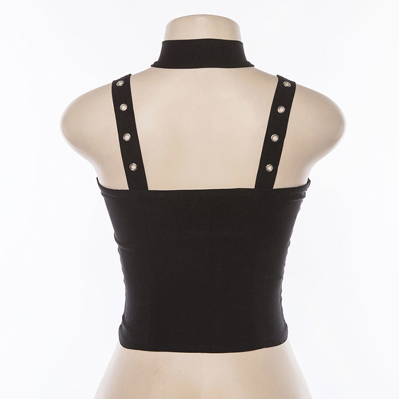 Back view of Women's Gothic Sleeveless Top with lace-up and studded straps, perfect for edgy rock outfits.