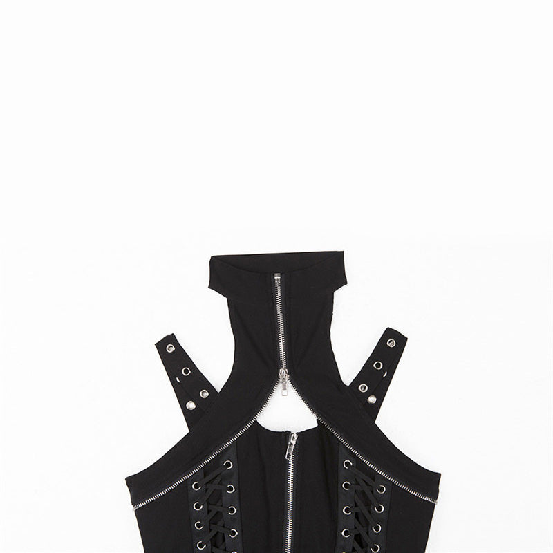 Women's Gothic top featuring a sleeveless design, front zipper and stylish lace-up details for a unique rock look.