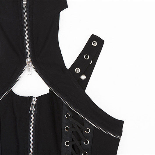 Close-up of a black women's gothic top featuring a front zipper and lace-up detail, showcasing its edgy style.