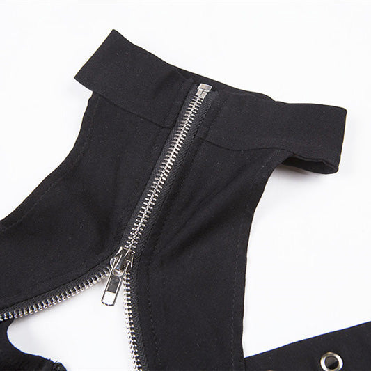 Close-up of black women's gothic sleeveless top with zipper and lace-up design, perfect for a rock-inspired outfit.