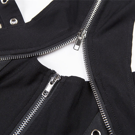Close-up of women's gothic top with black fabric and metal zippers, showcasing unique lace-up design and edgy style.