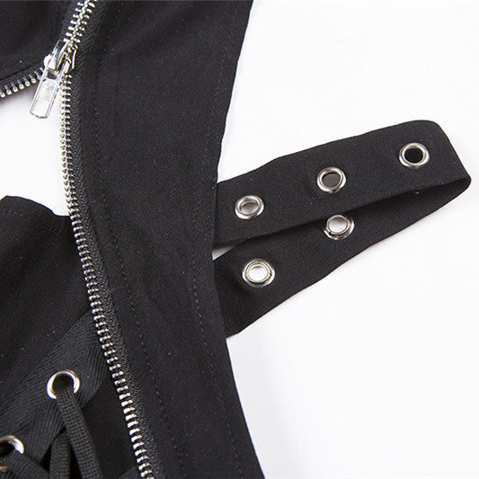 Close-up of women's gothic sleeveless top with zipper and lace-up detail, showcasing unique black fabric design.