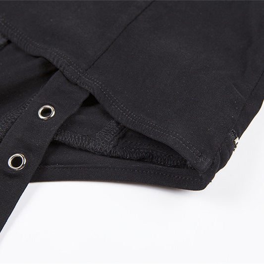 Close-up of the black women's gothic top featuring lacing and zipper details for a unique, edgy style.