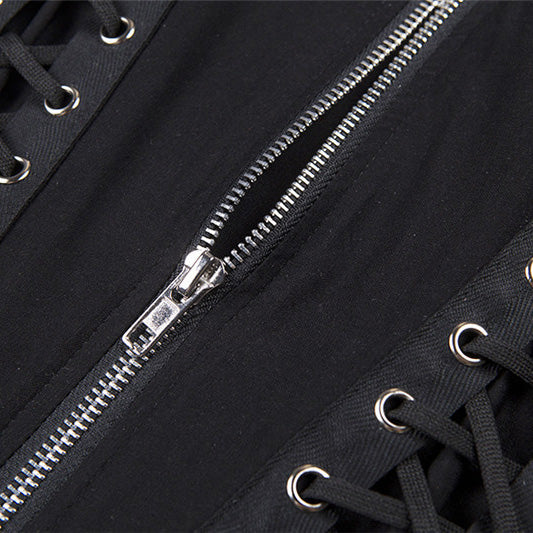 Close-up of women's gothic top featuring lace-up details and front zipper for a stylish rock look.
