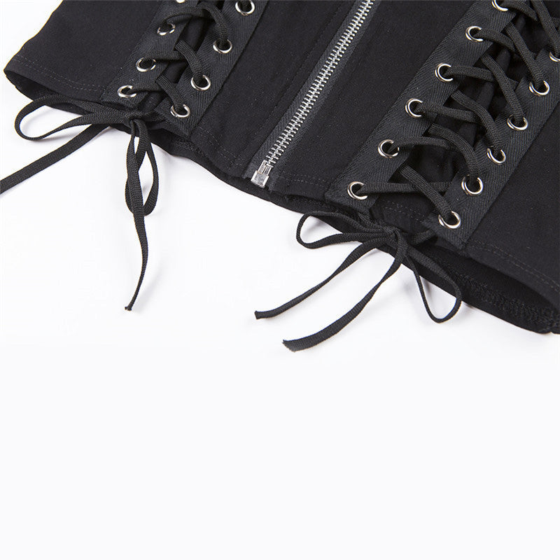 Women's Gothic top featuring lace-up corset and front zipper for a stylish rock-inspired look.