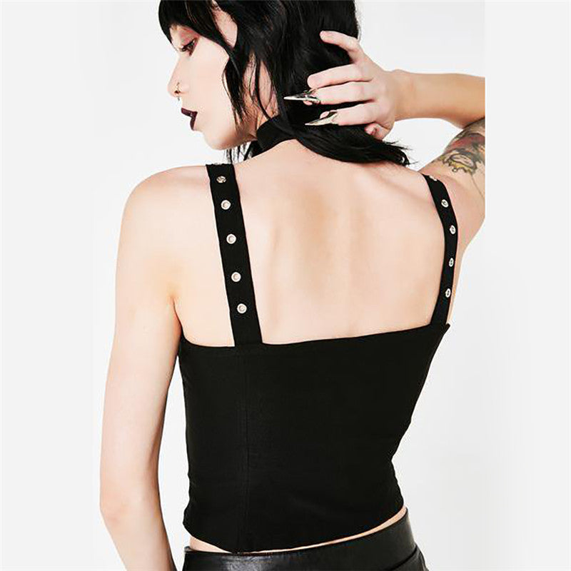 Back view of Women's Gothic sleeveless top with unique lace-up and studded straps, perfect for edgy outfits.