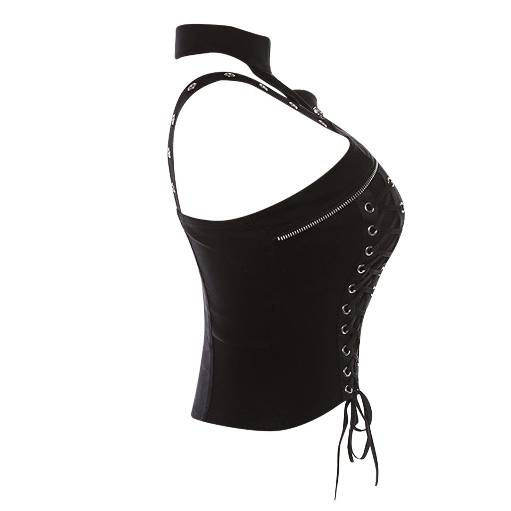 Women's Gothic Sleeveless Top with Lace-Up and Zipper, perfect for adding a rock-inspired flair to your outfit.