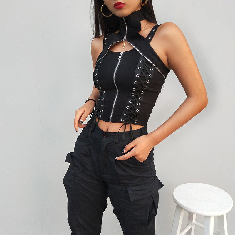 Stylish women's gothic sleeveless top with front zipper and lace-up details, perfect for a rock-inspired outfit.