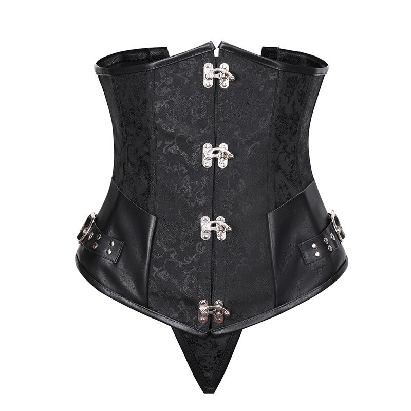 Women's Gothic underbust corset with vintage floral print and shiny metallic details.