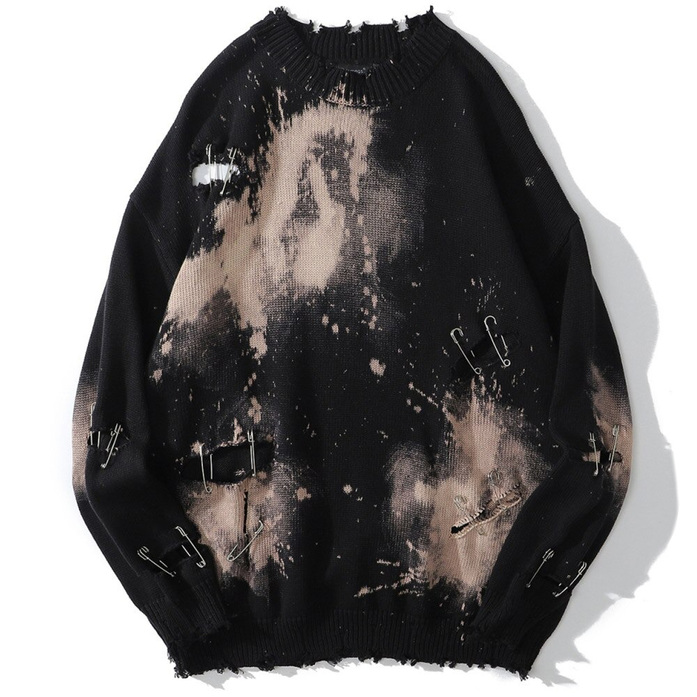 Women's Grunge Destroyed Graffiti Sweater / Ripped Design O-Neck Pullover / Knitted Streetwear - HARD'N'HEAVY