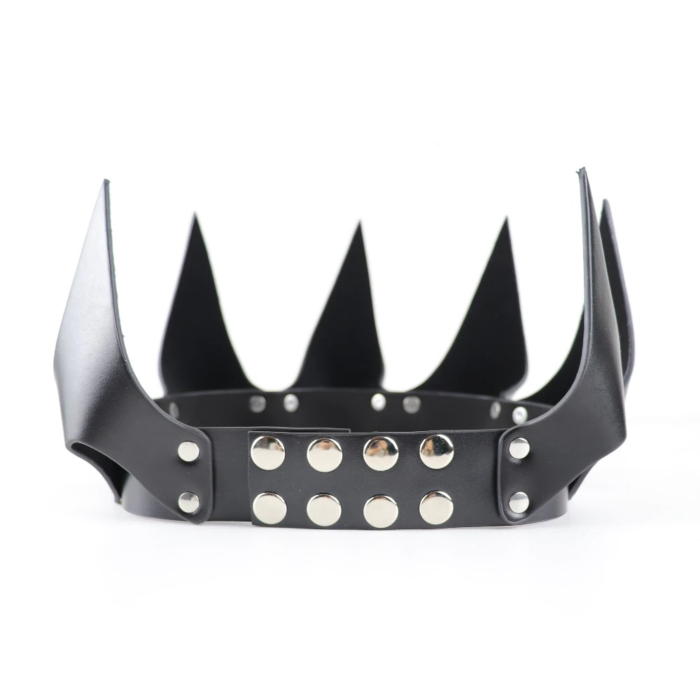Gothic PU leather head mask crown with rivets for women's Halloween costume accessory.