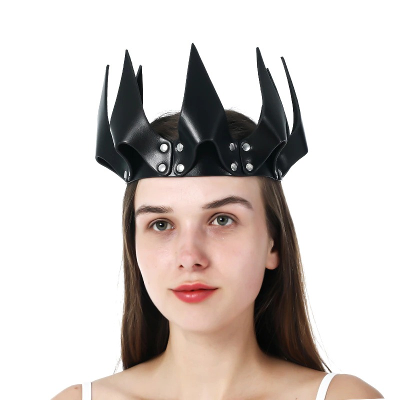 Women's gothic PU leather crown head mask with rivets, perfect for Halloween costumes.