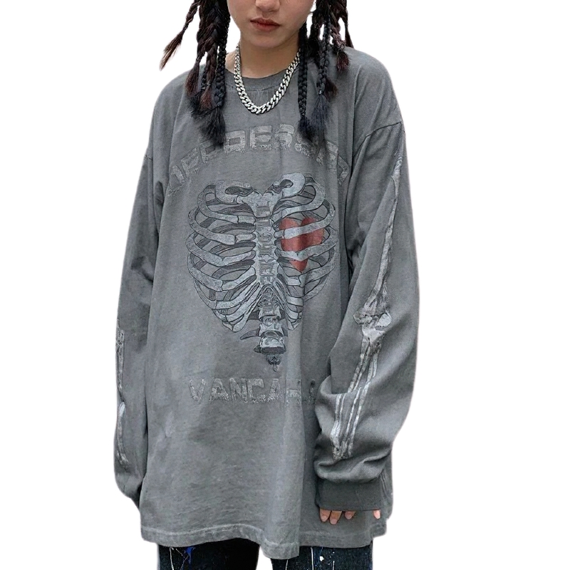 Women's Heart Skeleton Print Sweatshirt / Fashion Loose Pullover / Punk Style Cotton Sweatshirts - HARD'N'HEAVY