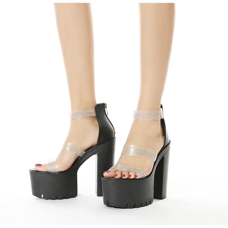 Stylish women's heeled sandals with rhinestones and chunky platform for elegant aesthetic outfits.