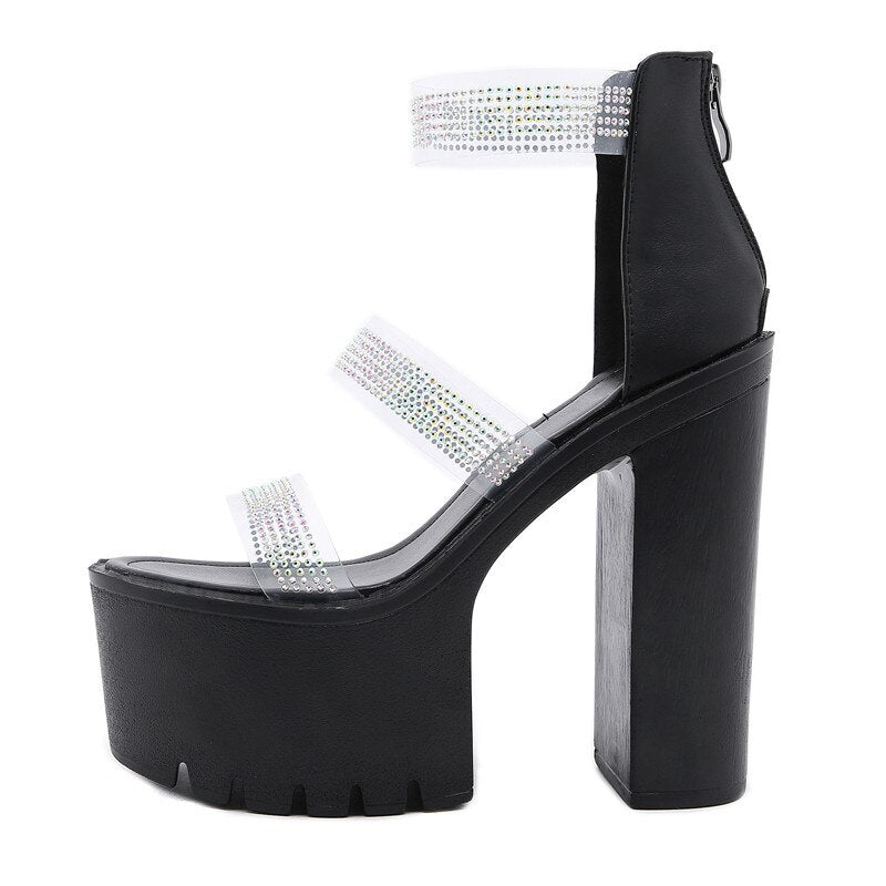 Black heeled sandals for women with clear straps and rhinestones, perfect for an aesthetic wardrobe.