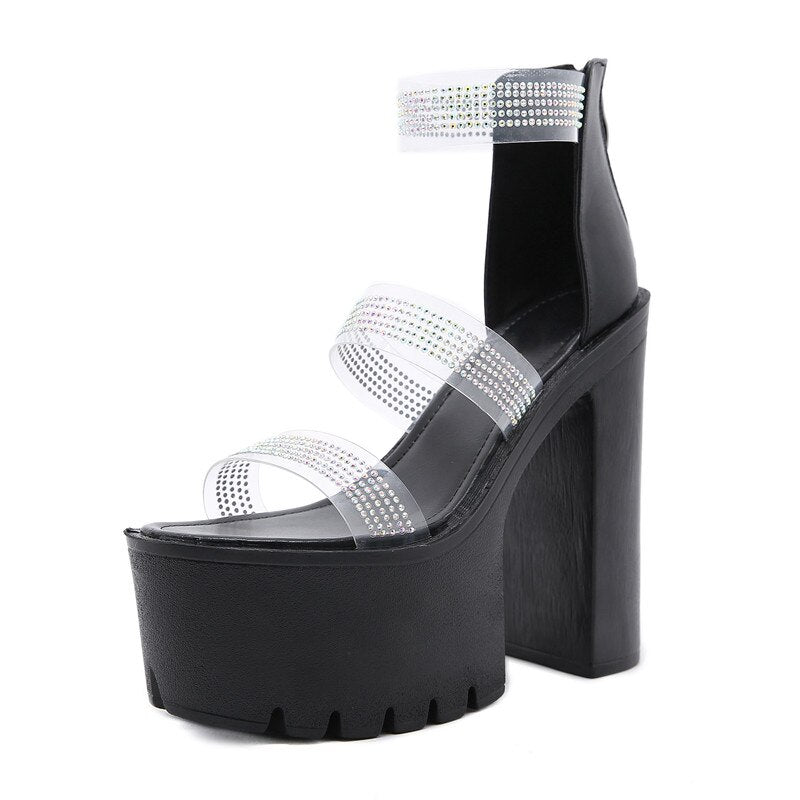 Elegant women's heeled sandals with rhinestones and a chunky platform design.
