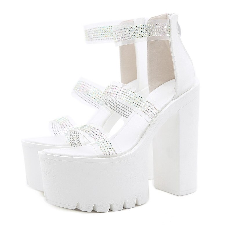 Elegant women's heeled sandals in white with rhinestone accents, perfect for an aesthetic wardrobe upgrade.