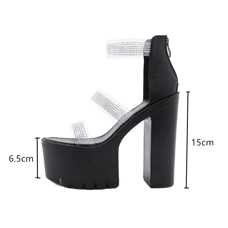Black heeled sandals with rhinestone straps and chunky platform, perfect for aesthetic style outfits.