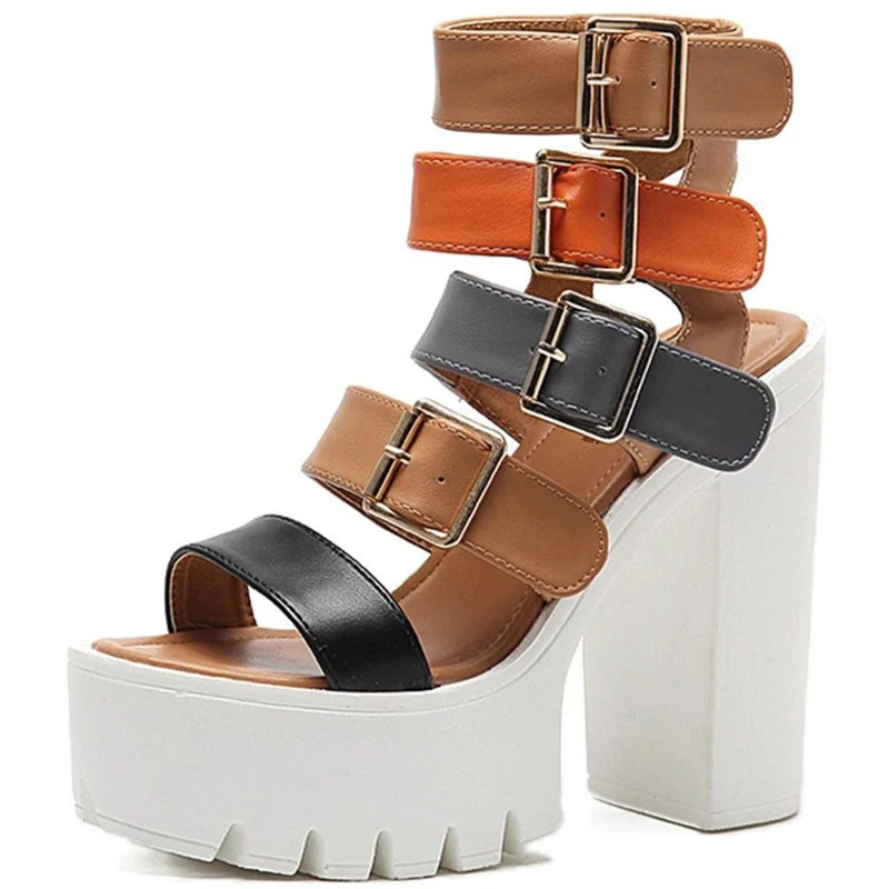Women's High Heels PU Leather Sandals / Platform Sandals With Belt Buckle / Thick Bottom Brown Lady Shoes - HARD'N'HEAVY