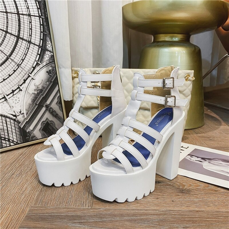 Women’s high heels sandals with buckles, open toe gothic shoes, stylish white platform sandals for any outfit.