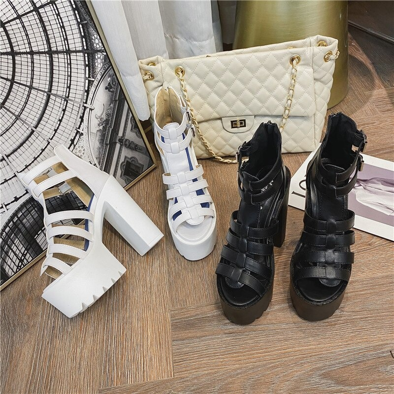 Women's Gothic high heel sandals with buckles in white and black, perfect for summer and night outfits.