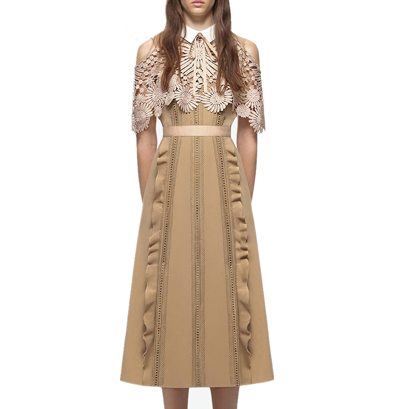 Elegant women's long dress with lace sleeves and collar, featuring a vintage style and hollow shoulder detail.