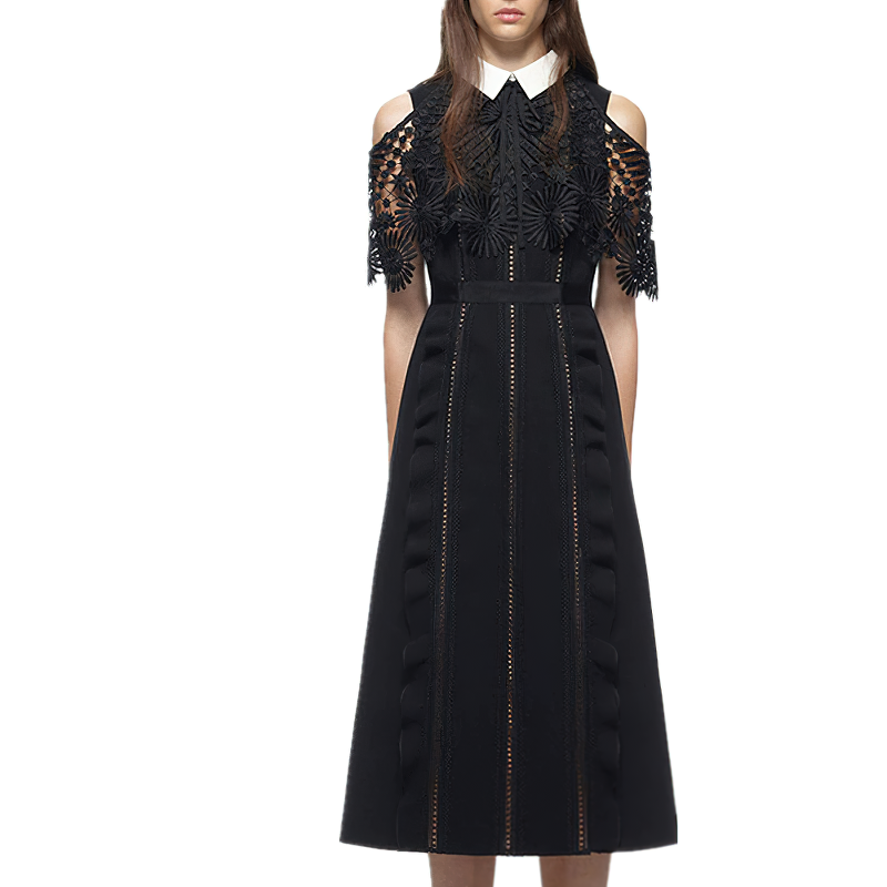 Elegant women's long dress with sleeves, lace details, and collar—perfect for vintage-inspired summer outfits.