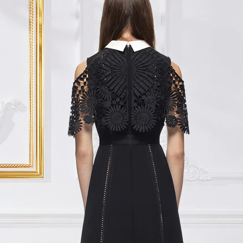 Elegant women's long dress with lace sleeves and collar, perfect for vintage summer vibes.