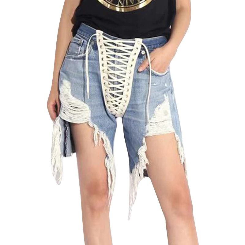 Women's sexy high waist denim shorts with pockets, lace-up front, and ripped detailing for trendy spring looks.