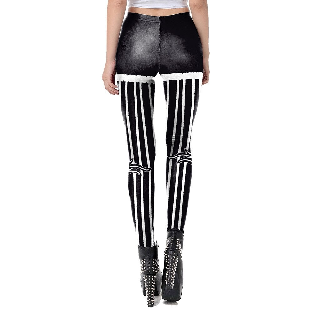 Women's high waist leggings with black and white stripes, featuring a trendy tight fit and stylish look.