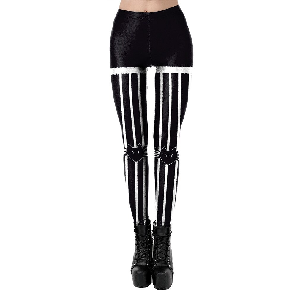 Stylish women's high waist leggings with cat print and white stripes, perfect for a casual, sexy look.