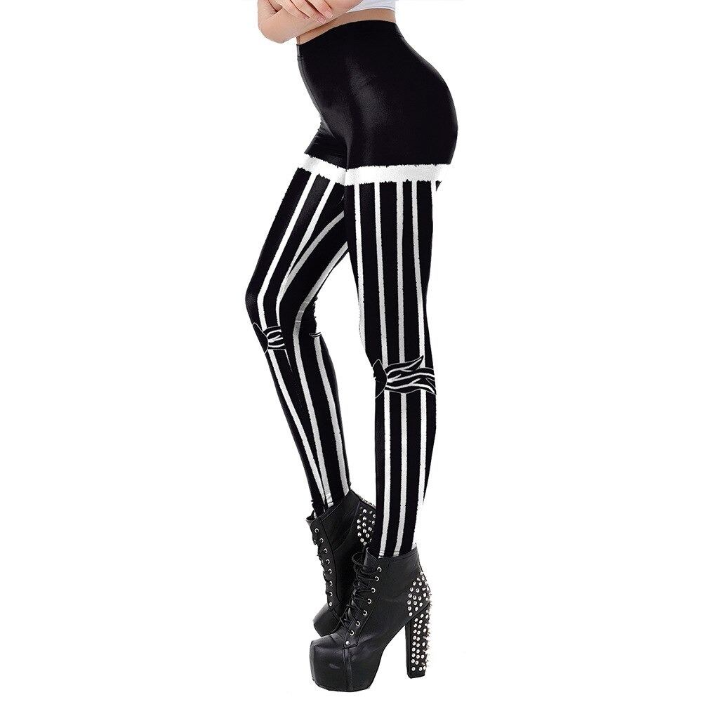 Stylish women's high waist leggings with black and white stripes, featuring a fitted cut and chic design.