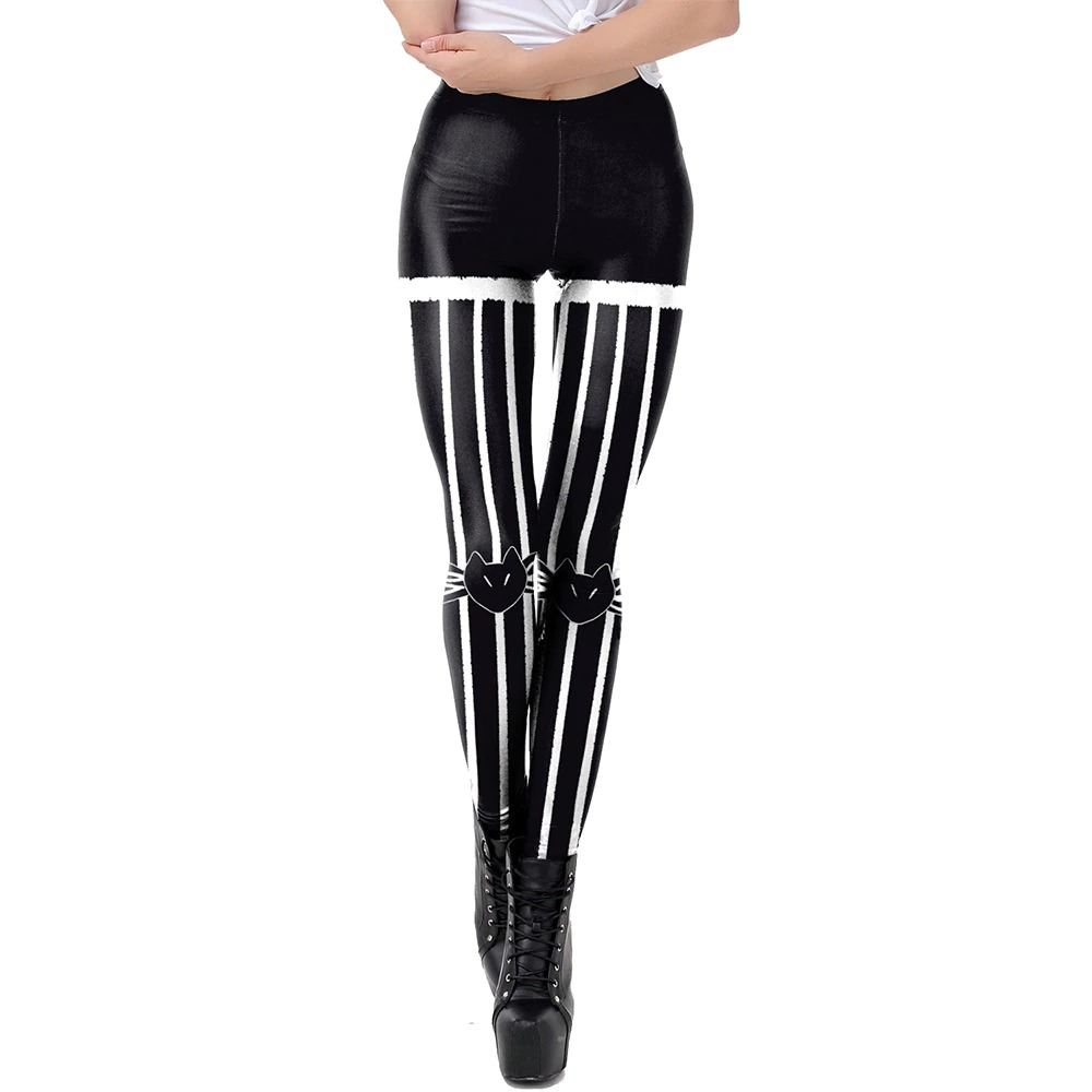 Stylish women's high waist leggings with cat print and white stripes, perfect for casual outings.