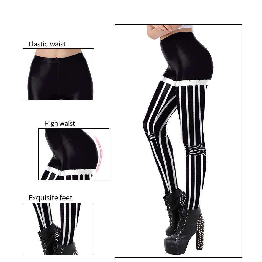 Women's high waist leggings with cat print and white stripes, featuring an elastic waist and stylish design.