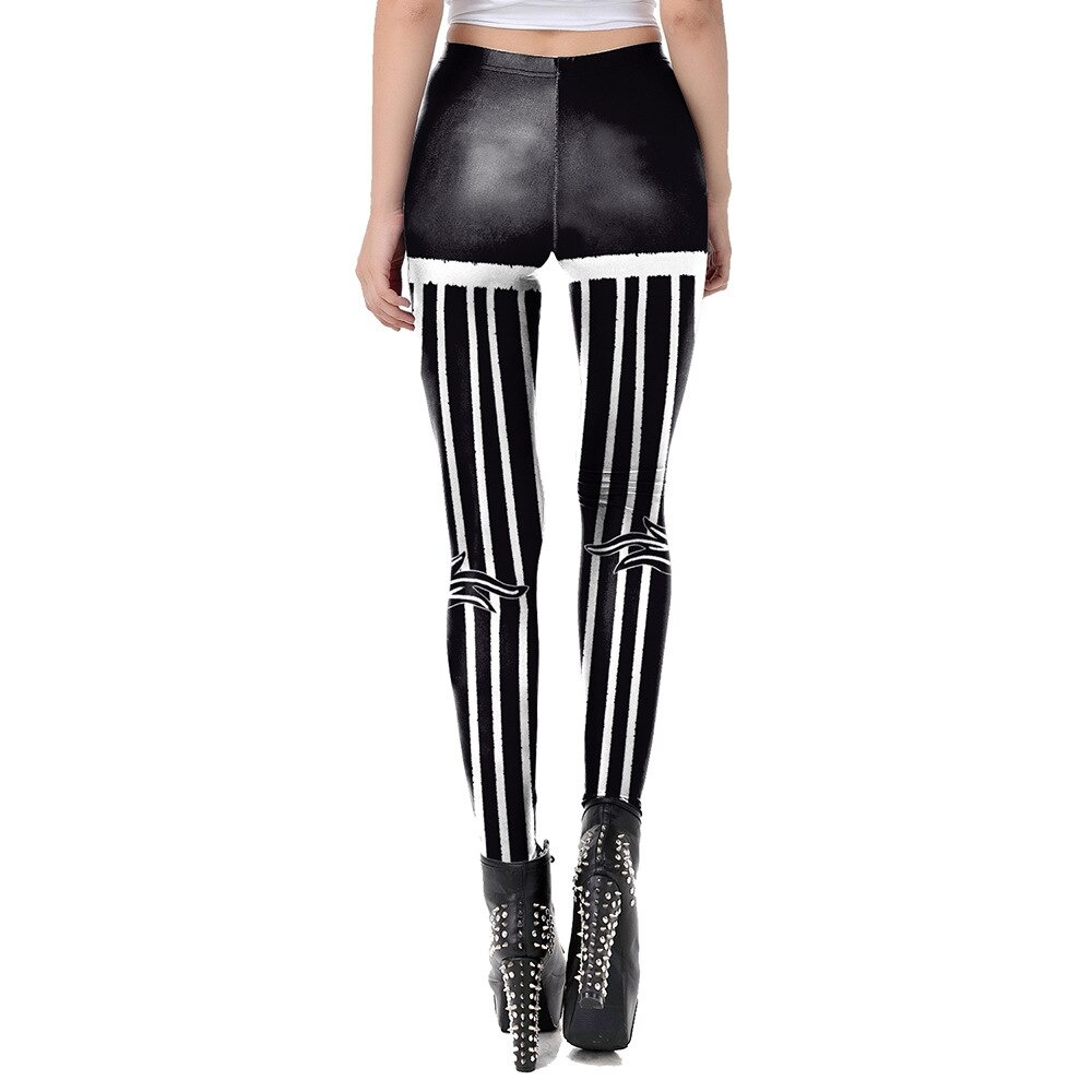 Women's High Waist Leggings With Cats And White Stripes / Sexy Female Tight-Fitting Black Pants - HARD'N'HEAVY