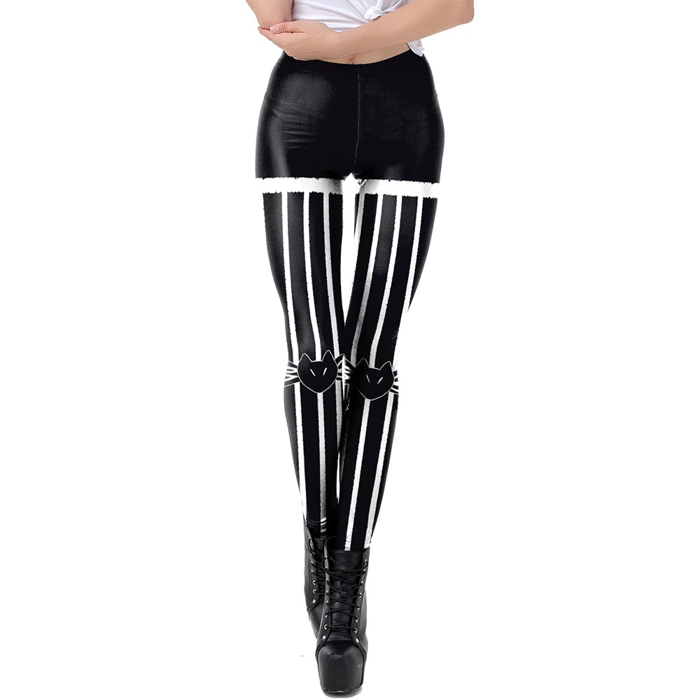Women's High Waist Leggings With Cats And White Stripes / Sexy Female Tight-Fitting Black Pants - HARD'N'HEAVY