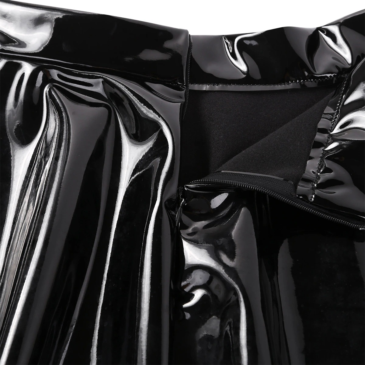 Close-up of the sleek black PU leather fabric and zip detail of a women's high waist mini skirt.