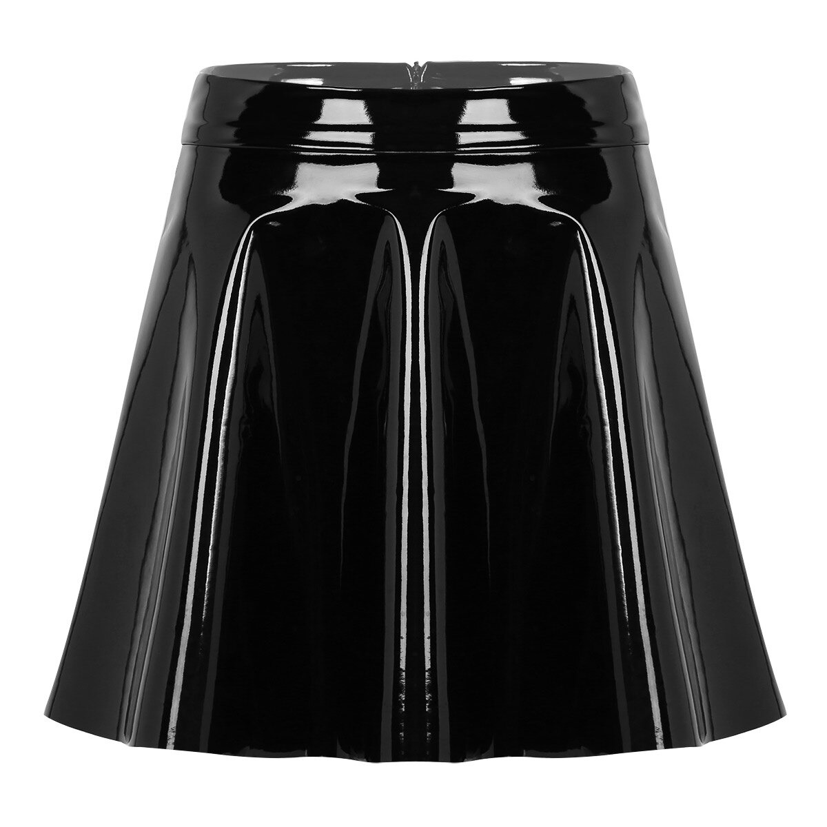 Trendy women's high waist black PU leather mini skirt with flared pleats for a stylish casual look.