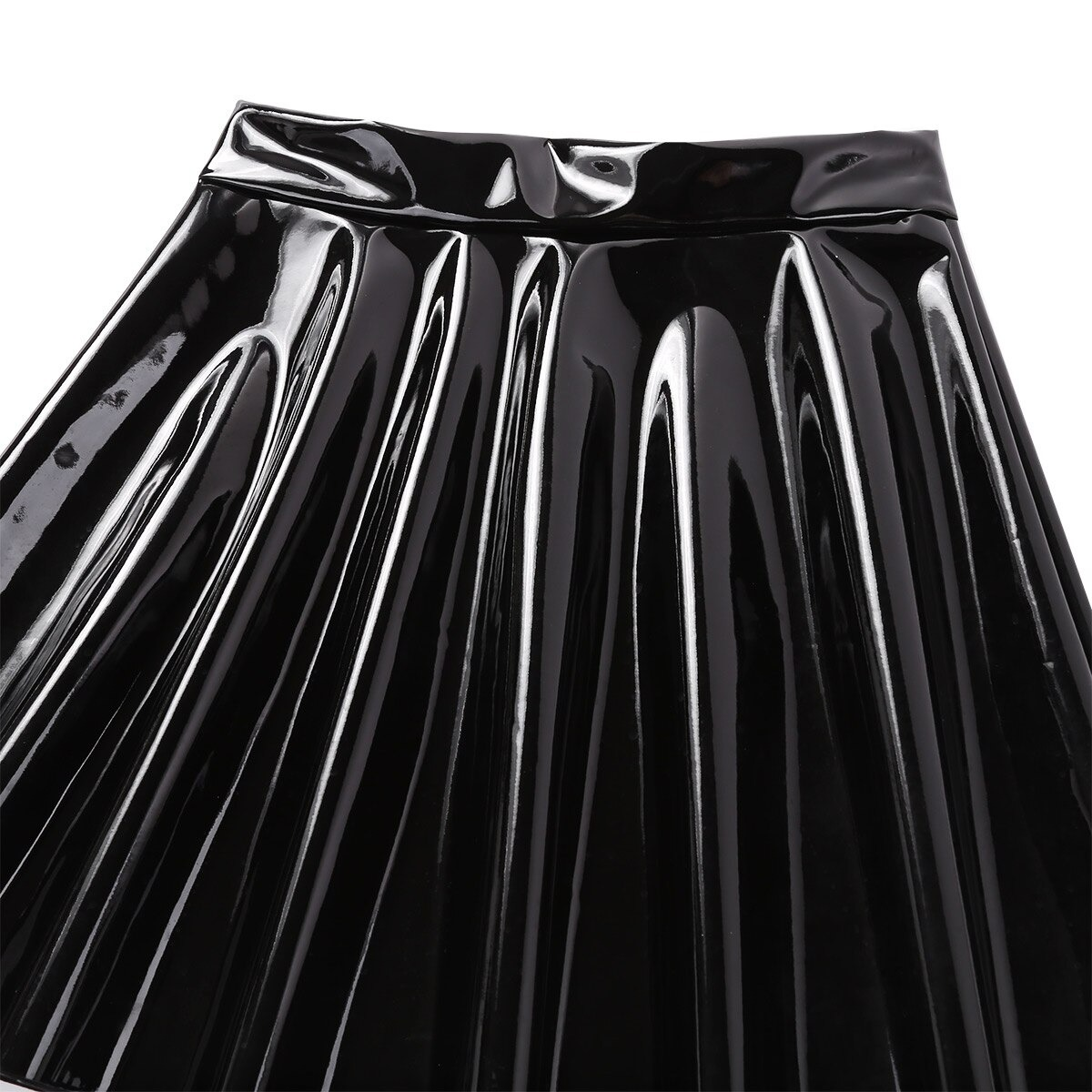 Close-up of a trendy women's black high waist PU leather mini skirt with pleats.