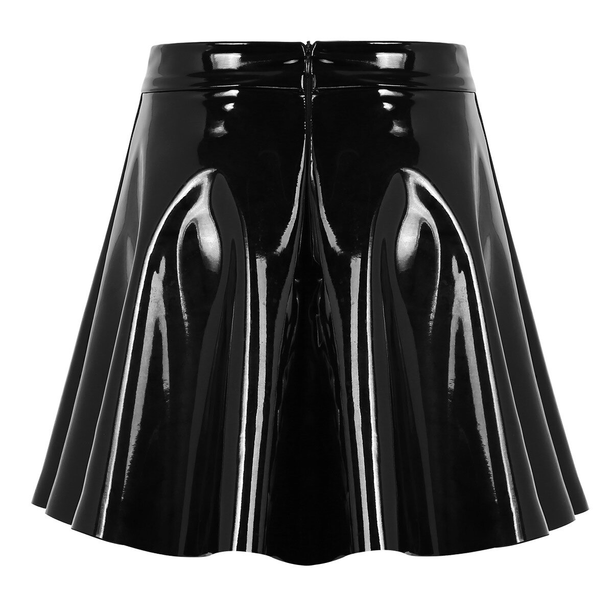 Black high waist PU leather mini skirt, flared pleated design, stylish casual wear for women.