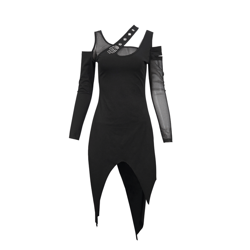 Women's gothic style black irregular cutout dress with mesh sleeves and trendy splicing detail.
