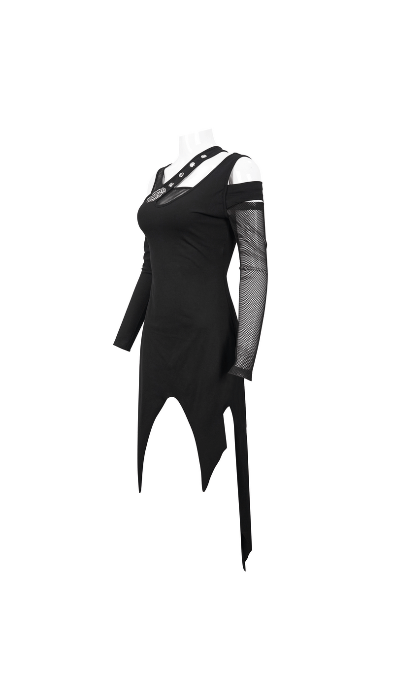 Elegant women's black gothic dress with irregular cut and long mesh sleeves, perfect for a trendy look.