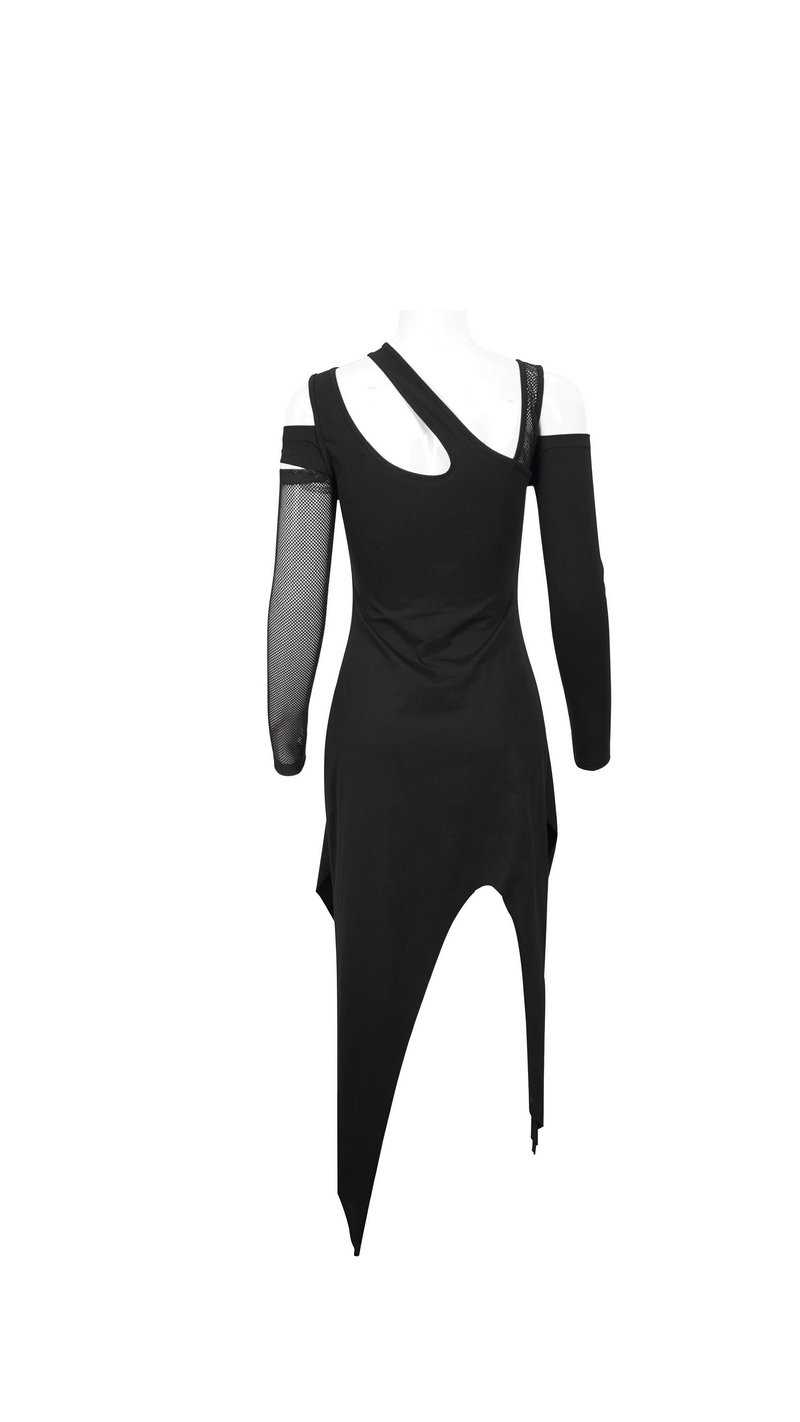 Women's Irregular Cutout Mesh Splice Dress / Gothic Style Long Sleeves Black Dress - HARD'N'HEAVY