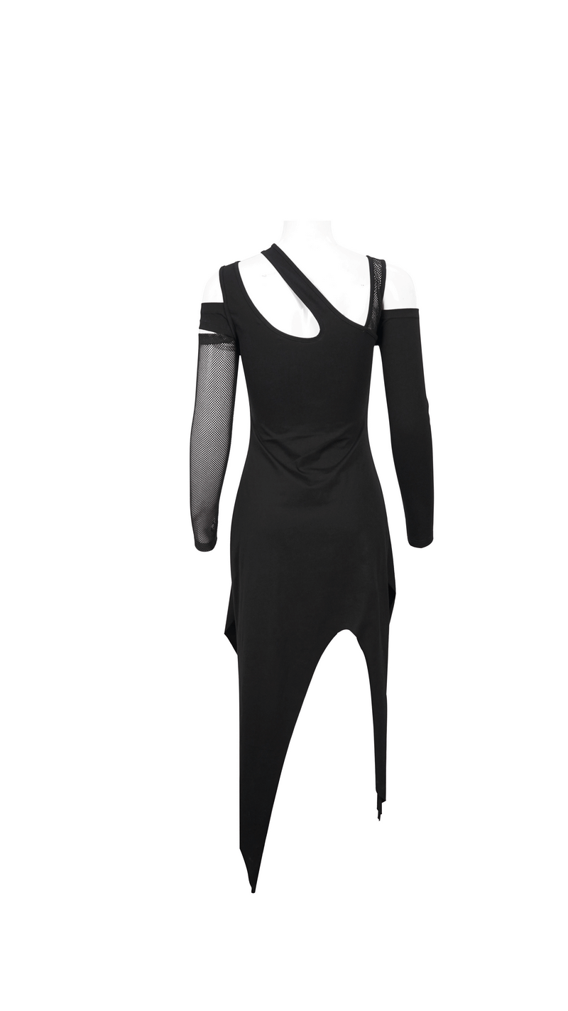 Back view of a women's black irregular cutout mesh splice gothic dress with long sleeves and asymmetrical hem.
