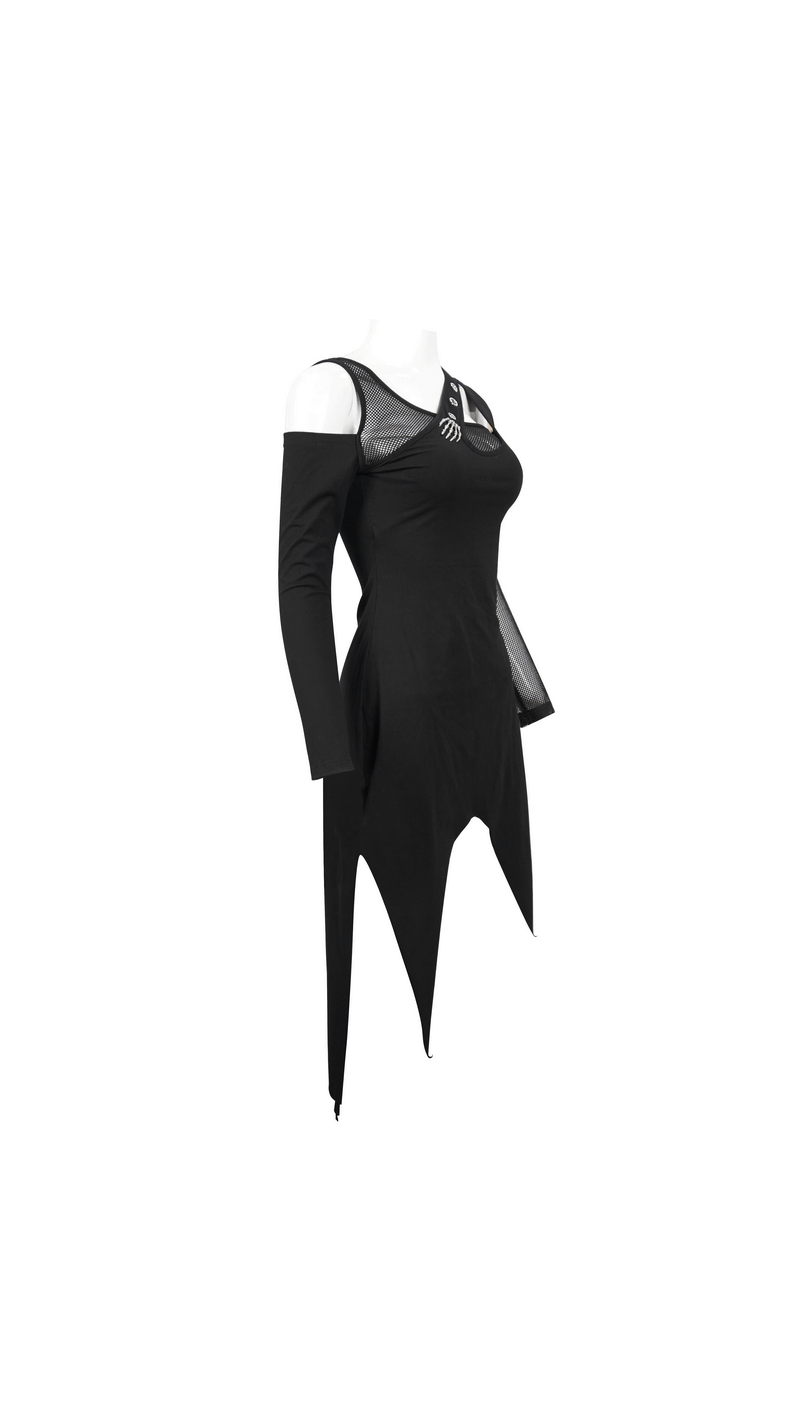 Elegant women's black irregular cutout mesh dress, featuring long sleeves and gothic style, perfect for parties.