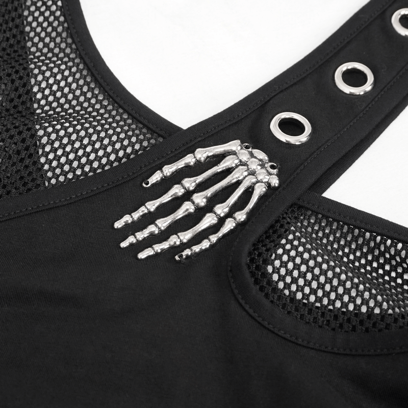 Close-up of black gothic dress detailing featuring a silver skeleton hand and mesh fabric accents.