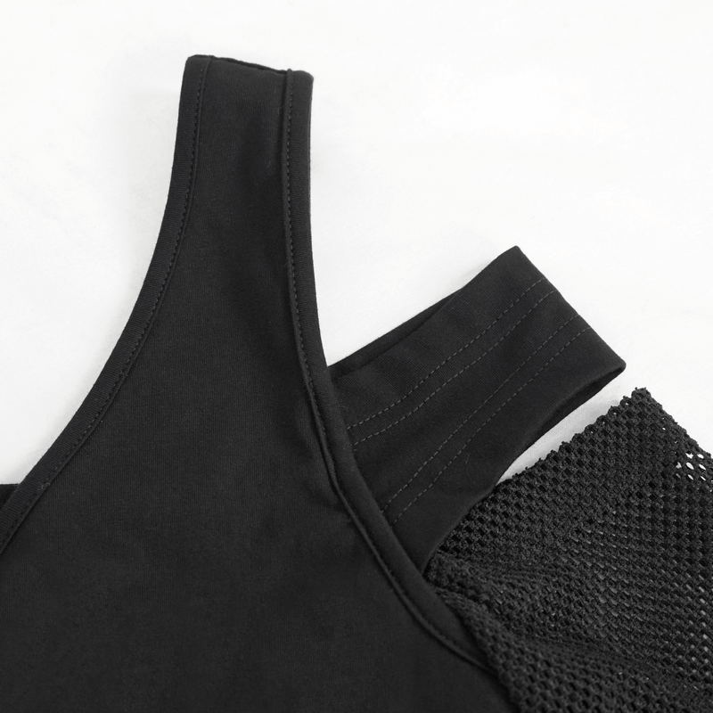 Close-up of black dress straps showing mesh splice for a stylish gothic look, emphasizing trendy design details.